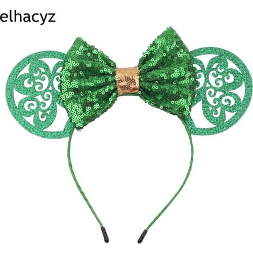 1PC Chic 5'' Sequins Bow New 2021 St. Patric Hairband Hollow Clover Mouse Ears Headband For Girls Kids Headwear Hair Accessories