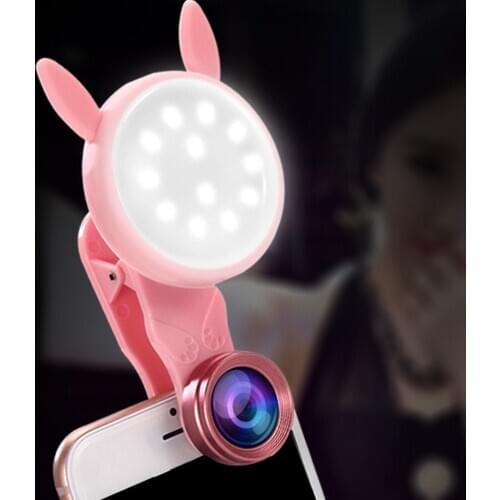 Phone Wide Angle Lens and 20X Macro Lens with Adjustable Fill Light Set Cute 2 in 1 MobilePhone Lens Kit for Smartphone iPhone