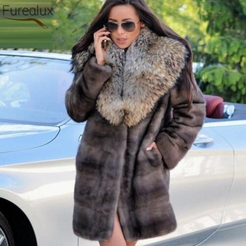 FUREALUX 2021 Real Mink Fur Coat Winter Jacket Women Natural Raccoon Fur Collar Hood Thick Warm Luxury Temperament Outerwear