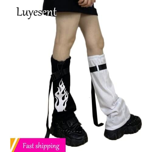 Punk Gothic Girl Leg Warmer Y2k Unisex Fire Print Knit Ninja Foot Covers Buckle Strap Contrast Color Harajuku Long Socks Cotton
