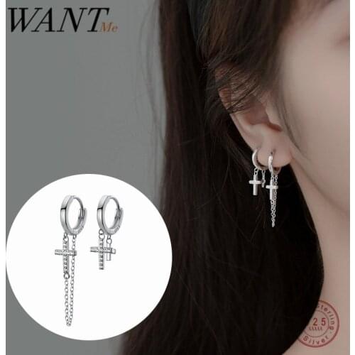 WANTME 925 Sterling Silver Vintage Punk Cuban Link Chain Cross Pendant Huggie Earrings for Men Women Rock Fine CZ Zircon Jewelry