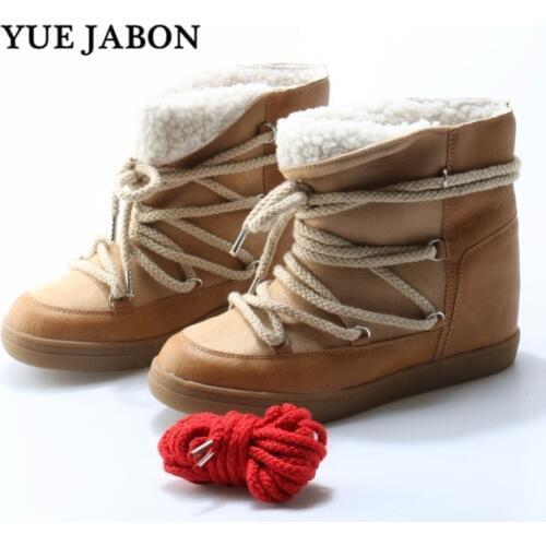 YUE JABON Warm Kid Suede Women Winter Boots Ladies Wedge Heels Leather snow boots Cross-Tied Women Booties Ankle fur boots Shoes