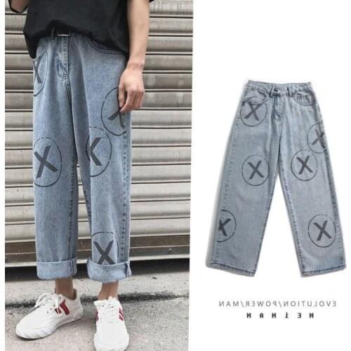 Retro personality niche graffiti jeans women summer new loose straight wild wide-leg trousers