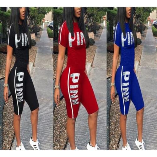 2021 new Casual Pink Letter Print Women Two Piece Set New Summer Rompers Sexy Striped T-Shirts And Skinny Pants 2pcs Outfits