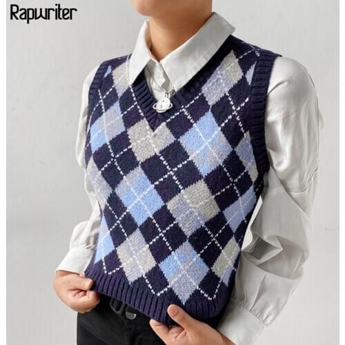 England Style Argyle Plaid Knit Sweater Vest Women 2020 Sleeveless V Neck Crop Top Casual Autumn Outwear Clothes Y2K Tops femme