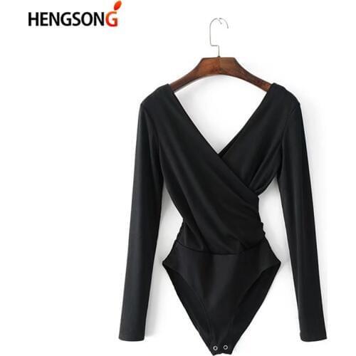 2021 New Summer Women Long Sleeve Bodysuit Sexy Backless Bodysuit Black White Slim V-neck Bodysuit For Female AQ708595