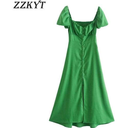 ZZKYT 2021 Women Summer Fashion Green Button Midi Dress Vintage V Neck Puff Sleeve Back Elasticity Female Casual Dresses Mujer