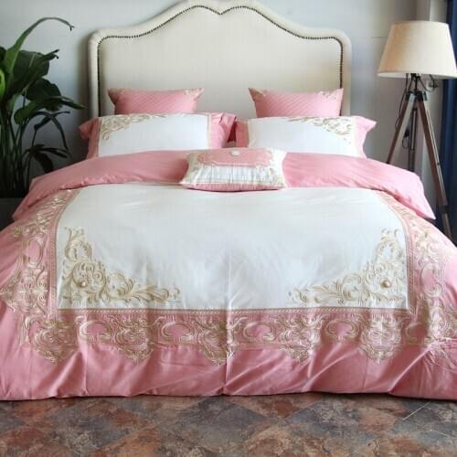 100S Egyptian pink Cotton Embroidery Luxury Royal Bedding Set 4pcs King Queen Wedding Bed Sheet set Duvet cover Pillowcase 6pcs