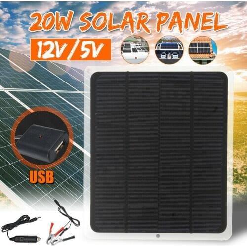 20W 12V Single Crystal Charging Automotive Flexible Energy Saving Solar Panel Phone Battery Charger Camping 5V USB 2.0 Port