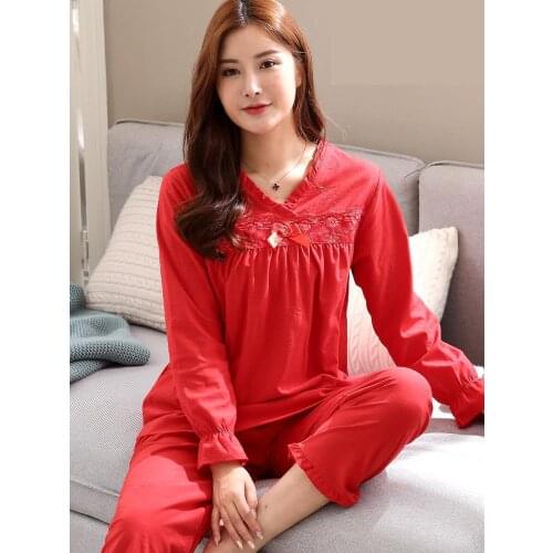 2020 New Arrival Spring Autumn Full Length Print Pajama Set Women Comfortable Cotton Size M L XL XXL XXXL