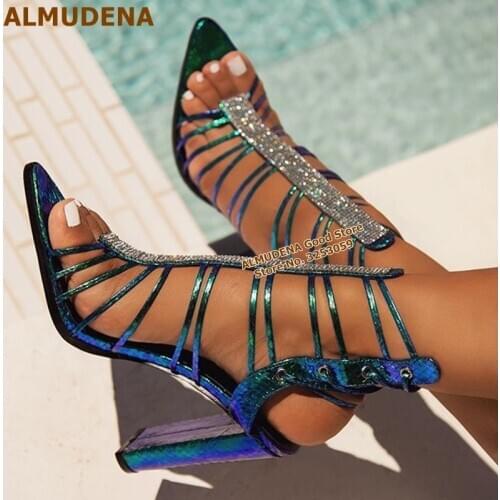ALMUDENA Green Snakeskin Strappy Chunky Heel Sandals Bling Bling Crystal Embellished Wedding Shoes Lace-up Rhinestone Pumps