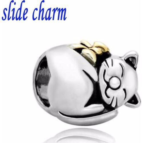Slide charm Free shipping golden bowknot cat sleep animal charm beads fit Pandora bracelet
