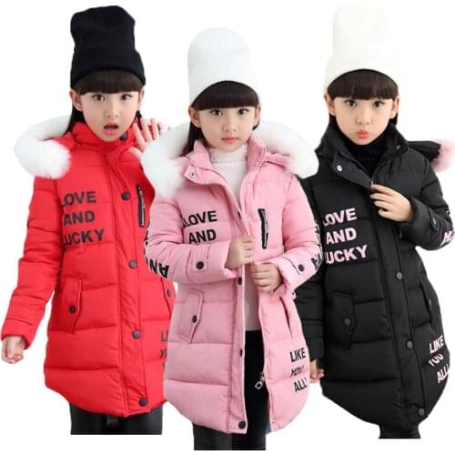 2021 Thick Keep Warm Winter Jacket For Girls Big Size Fur collar Letter Long Hooded Kids Outerwear Teenager Windbreaker Coat