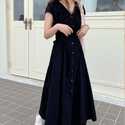 Korea Chic Summer Dress Women Cotton Solid Color Short Sleeve Casual Dress for Women Slim V-Neck Loose Long Dress Vestido 10425