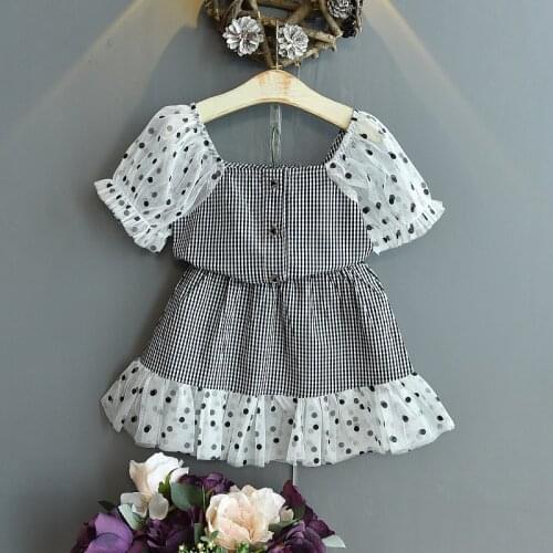 Girls' Suit 2021 Summer New Wave Dot Puff Sleeve Stitching Plaid Top T-shirt + Lace Skirt