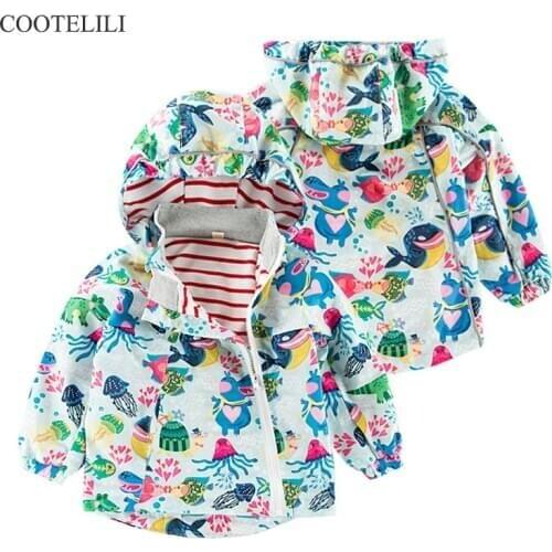 COOTELILI 80-130cm Floral Fish Printing Kids Girls Jacket 2019 Autumn Hooded Striped Kids Clothes Active Girls Windbreakers