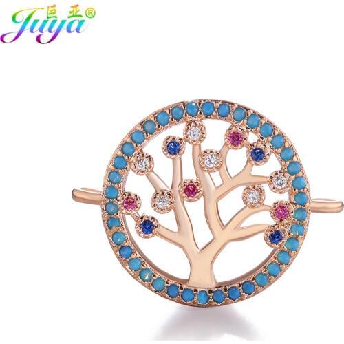 Juya DIY Bracelet Making Material Supplies Micro Pave Clear Rainbow Crystals Gold/Rose Gold Tree Of Life Charm Connectors