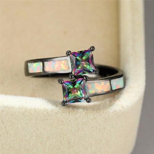 Fashion White Fire Opal Engagement Ring Cute Female Small Rainbow Square Stone Ring Vintage Black Gold Wedding Rings For Women