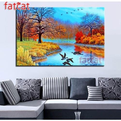 FATCAT Autumn forest river wild duck 5d diy diamond painting cross stitch full square round drill diamond embroidery sale AE3125