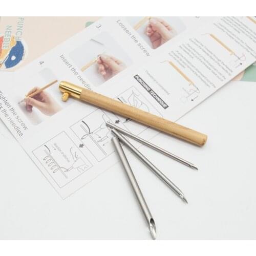 Wooden Handle Punch Poke Needle Threader Knitting Embroidery Pen Wire Guide Sewing Weaving Tools Kit for Thread Yarn DIY Tool