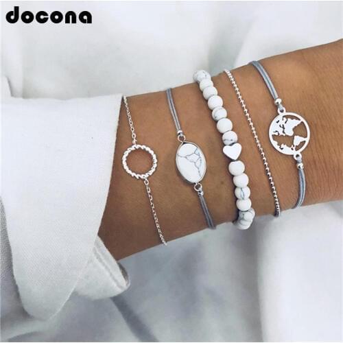 Docona Bohemian Rope Beaded Chain Bracelet Set for Women Heart Map Circle Pendant White Stone Adjustable Bracelet Jewelry 6906