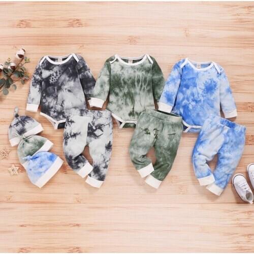 Autumn Baby Girl Boy Tie Dye Printed Long Sleeve Cotton Romper Tops+Pants+Hat Casual Costume Set