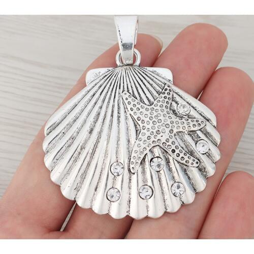 3 x Silver Color Large Rhinestone Scallop Shell Starfish Charm Pendant For Necklace Jewelry Making Findings 65x52mm