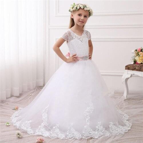 Simple White Flower Girl Dresses Lace Applique Tulle Long Communion Ball Gown Little Kids Pageant Dresses for Girls Formal Occas