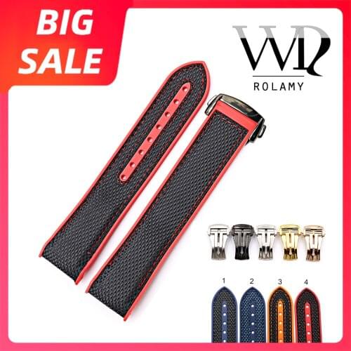 Rolamy 20 22mm Blue Red Rubber Silicone With Nylon Replacement Watch Band Strap For Omega Planet Ocean 45 42mm With Clasp