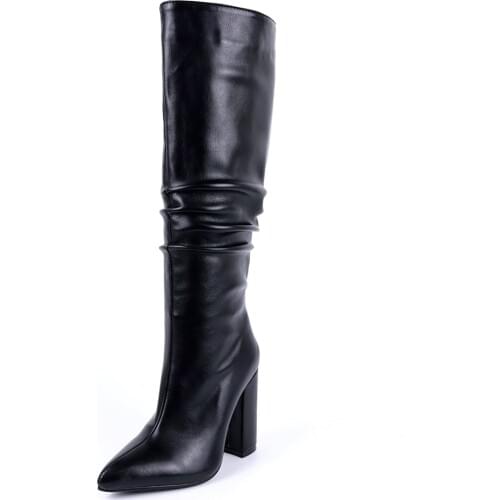 Pointed Toe Ultra-High Thick Heel Pleated Knee-Length Boots Side Zipper Dark Green Plush Inner Boots Orange Womens Shoes