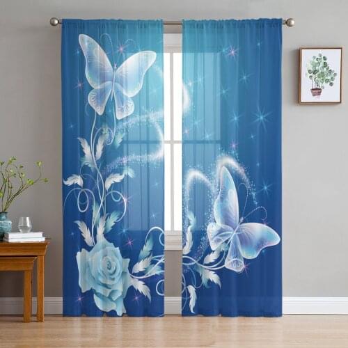 Flower Butterfly Blue Tulle Curtains For Living Room Bedroom Transparent Tulle Curtains Window Drapes Sheer Curtain