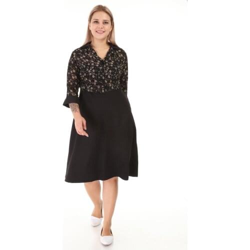 Kadın Artı Beden Kemer Detay Çiçek Detay Truvakar Kol Elbise Siyah L1629