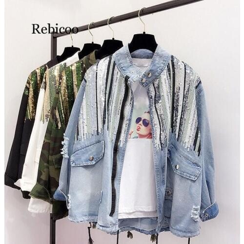 Boho Camouflage Jacket Women Sequins Shinny Lace Up Denim Coat Bomber Long Sleeve Coats