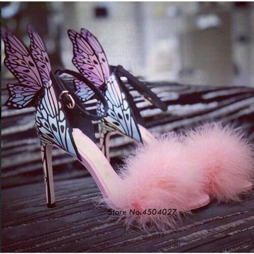 Newest Pink Feather Butterfly Wing Gladiator Sandals Women Open Toe Sexy High Heel Shoes Woman Wedding Shoes