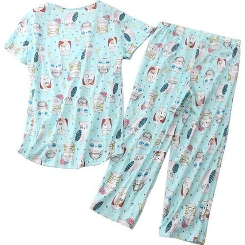 Women Light Blue Pajamas Loose Suits Round Neck Cartoon Night Owl Prints Elastic Home Wear Casual And Comfortable