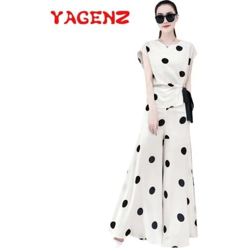YAGENZ Chiffon Dot Two Piece Set Women Ropa De Mujer Summer Suits Polka Dot Lace Tops And Dot Long Pants Chiffon 2 Piece Set 783