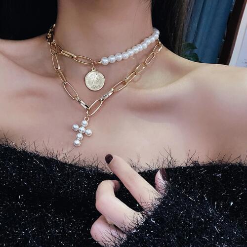 Luxury Design Imitation Pearls Choker Necklace Female Cross Pendant Necklaces for Women Gold Color 2019 Fashion Coin Jewelry