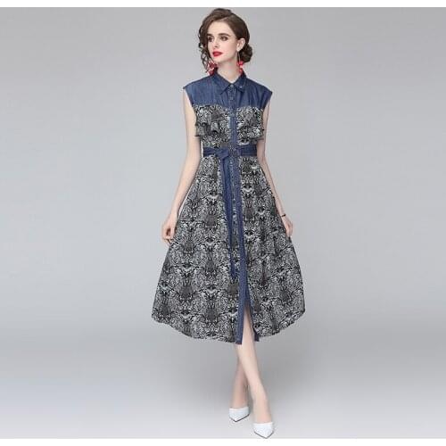 High Quality Women Shirt Collar Dress New Elegant Summer Ruffles Chiffon Printed Splicing Denim Sleeveless Midi Dress With Belt