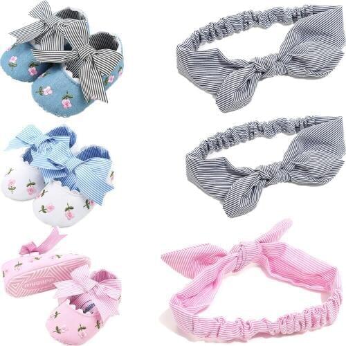 2019 Cute Baby Girls Non-Slip Bowknot Floral Shoes Newborn Infant Baby Toddler First Walker Shoes+Headband