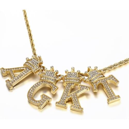 Hip Hop Iced Out Crown Initials Letters Pendant & Chain Gold Color Stainless Steel Alphabet Name Necklace For Women Men Jewelry