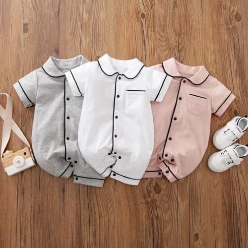 Hibobi Summer Baby Breasted Cotton Jumpsuit Kids Cotton Bodysuit Tops Short Sleeve Gentlemen