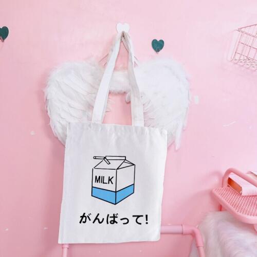 Kawaii Ulzzang Harajuku Aesthetic Canvas Shoulder Tote Bag Women Handbags Milk Cartoon Print Korean Fashion Shopping Bag