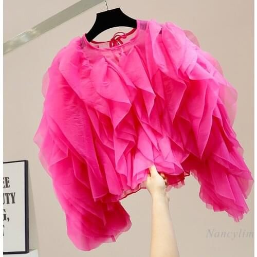Sweet Multi-Layer Puffy Ruffled Stitching Tied Short Chiffon Blouses for Women Sexy Tops Girls Ladies Streetwear Blusas
