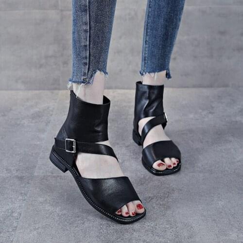 Spring and Summer New Martin Boots Leather Ladies Flat Fish Mouth Shoes Personality Retro Roman High-top Sandals Cowhide Sandals