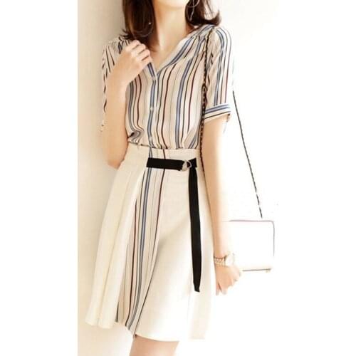 New summer dress women short sleeve striped shirt dress ladies fashion patchwork chiffon dress casual loose midi dress 2 pieces