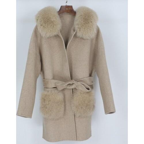 OFTBUY 2021 Cashmere Wool Blends Real Fur Coat Winter Jacket Women Natural Fox Fur Collar Pocket Loose Outerwear Belt Streetwear