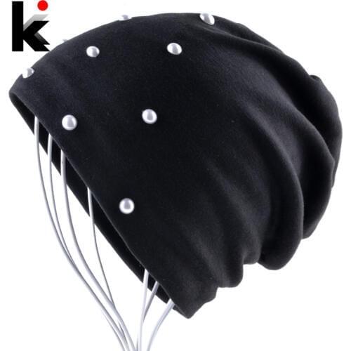 Spring And Autumn Beanie Hats For Women Fashion Handmade Pearls Bonnet Caps Female Head Accessories Solid Color Skullies Beanies