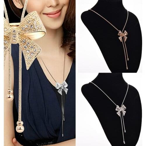 Bow Pendant Necklace Jewelry Women Fashion Long Tassel Sweater Chain Pendant Necklace Fashion Noble Alloy Rhinestone