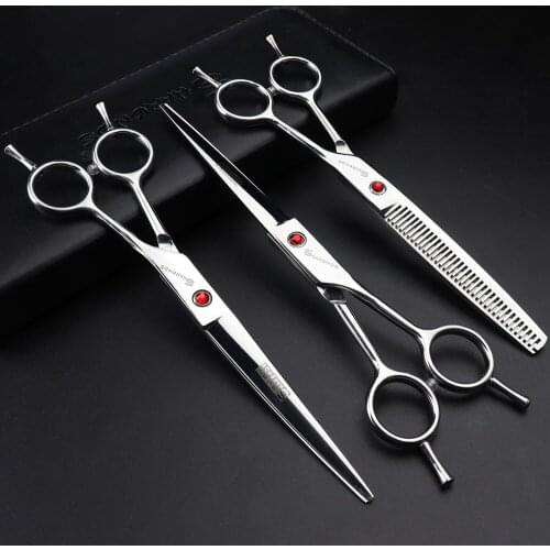 Hair salon professional 7 inch hairdressing scissors sets personality small red gem barber stainless steel scissors sets