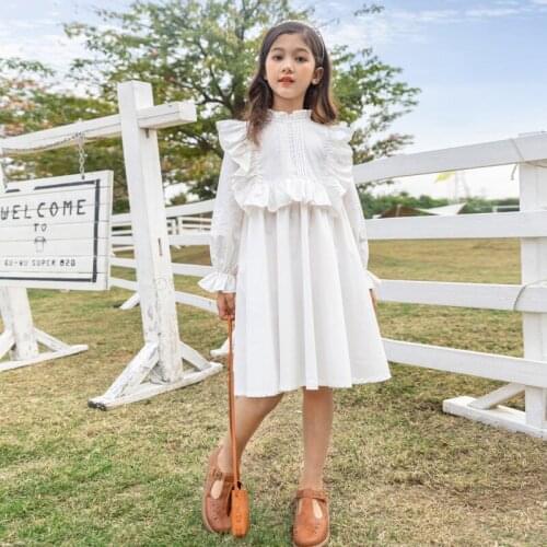 New Korean Girls Long-sleeved Dress Girls Parent-child Cotton White Wood Ear Dress Kids Clothes